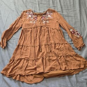 Asymmetrical Orange Dress with Floral Embroidery